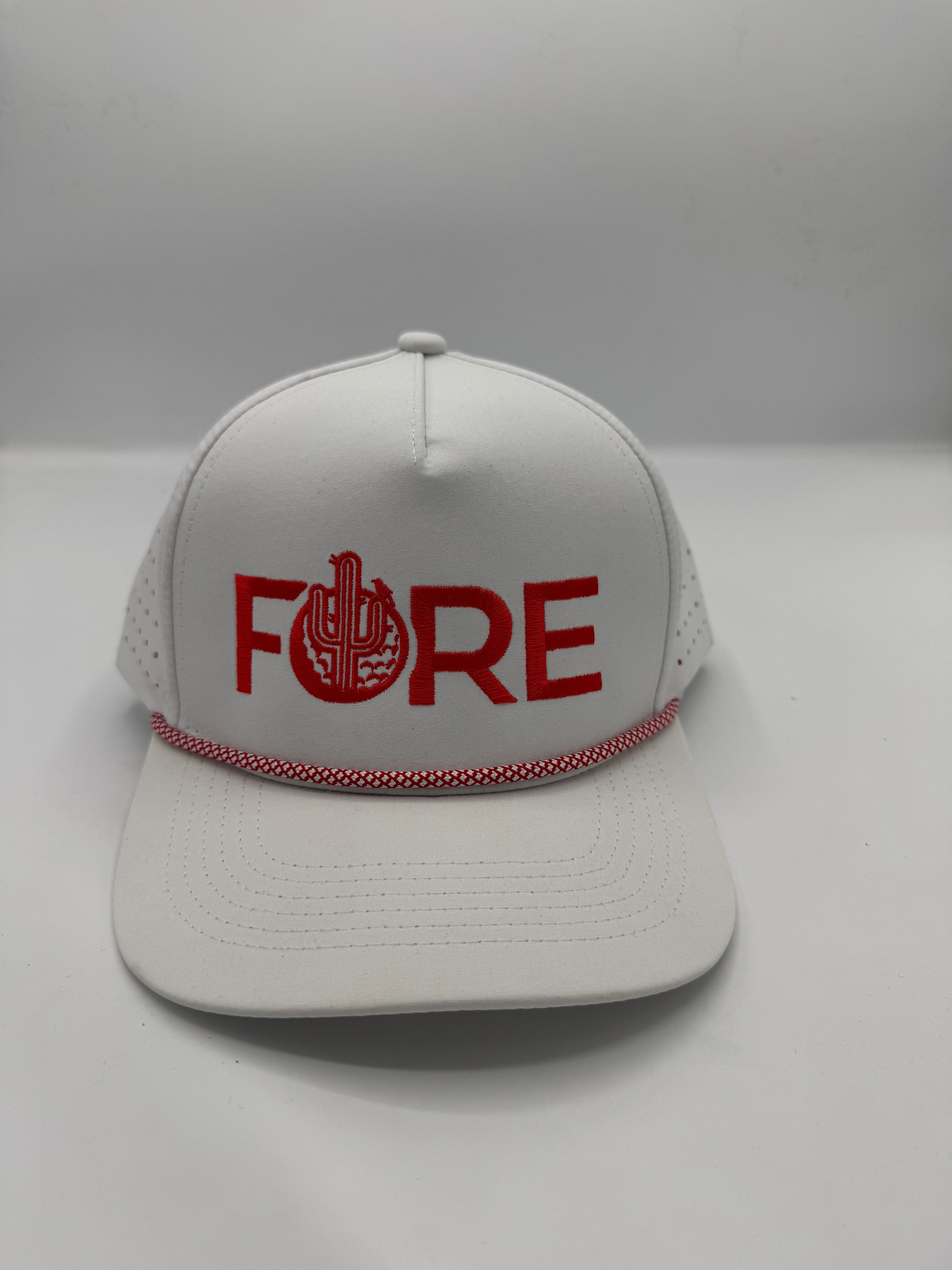 FORE Cactus Logo in white/red performance hat with rope