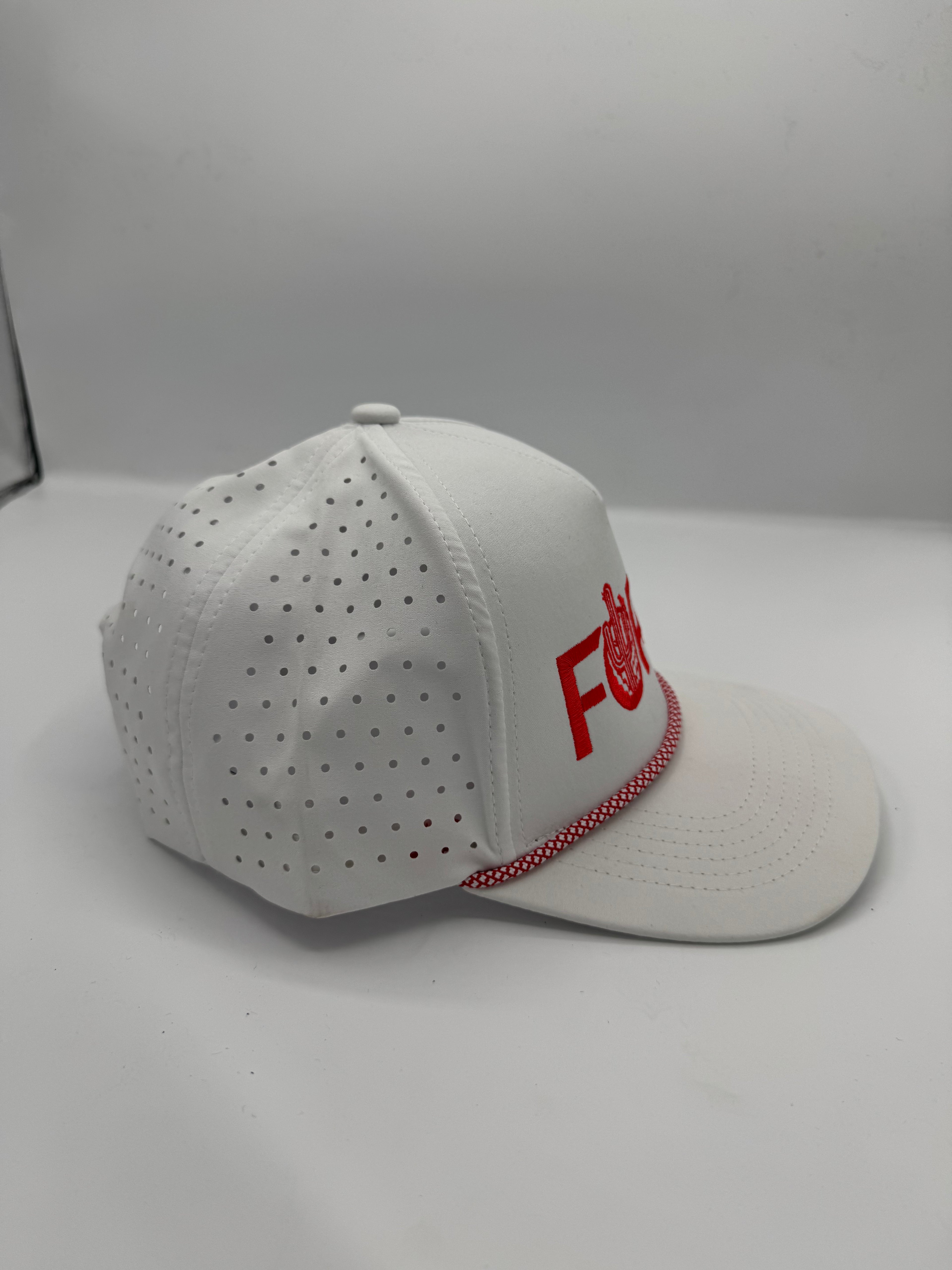 FORE Cactus Logo in white/red performance hat with rope