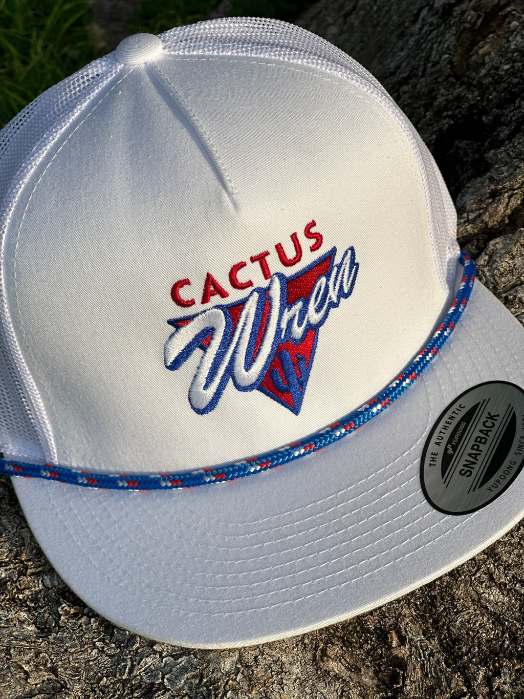 Patriotic Desert Triangle white hat in red/white/blue with rope