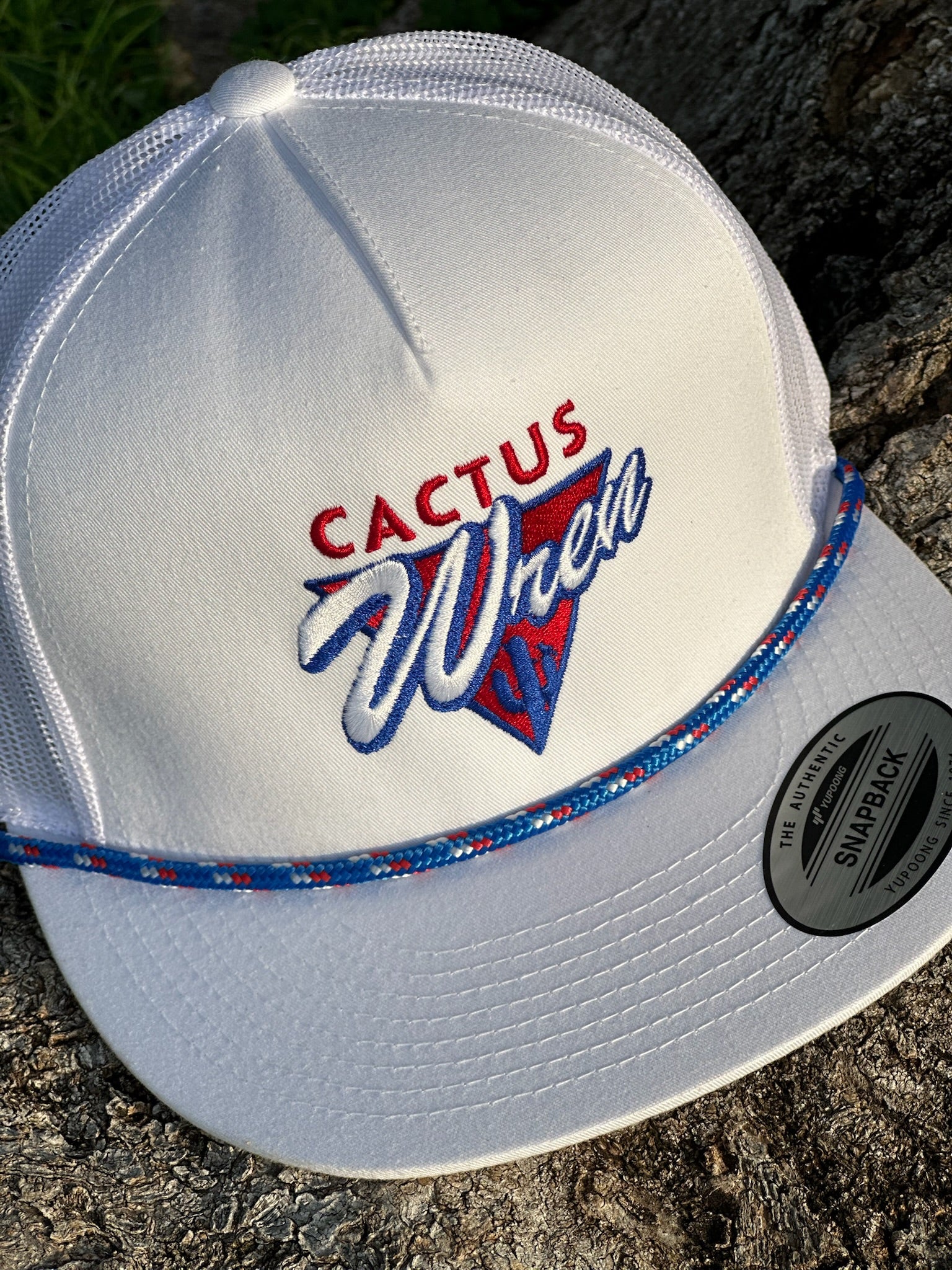 Patriotic Desert Triangle white hat in red/white/blue with rope