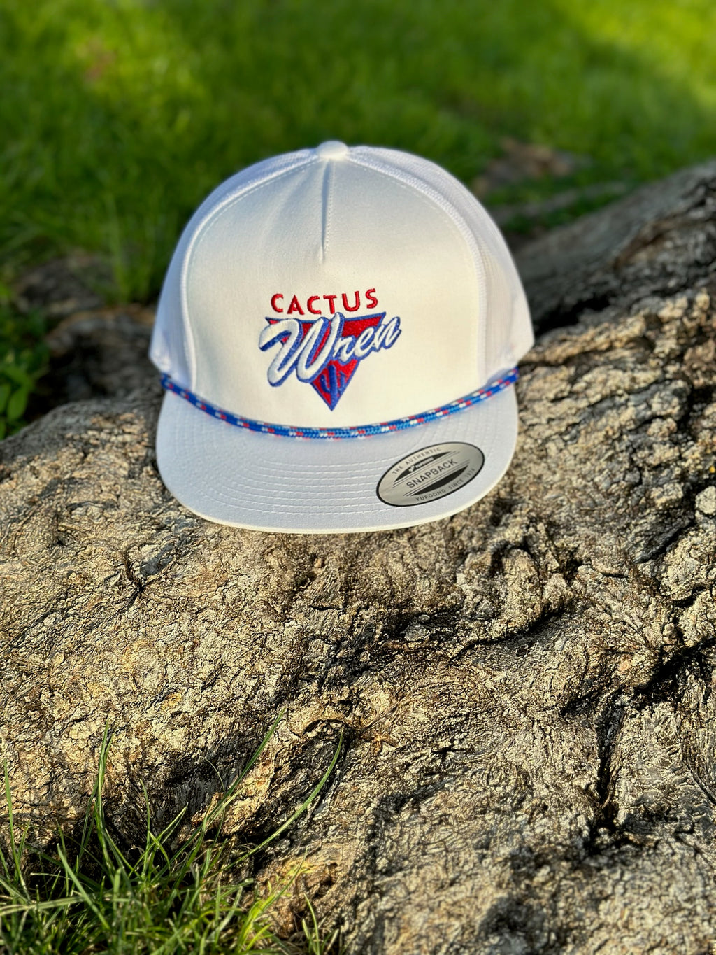 Patriotic Desert Triangle white hat in red/white/blue with rope