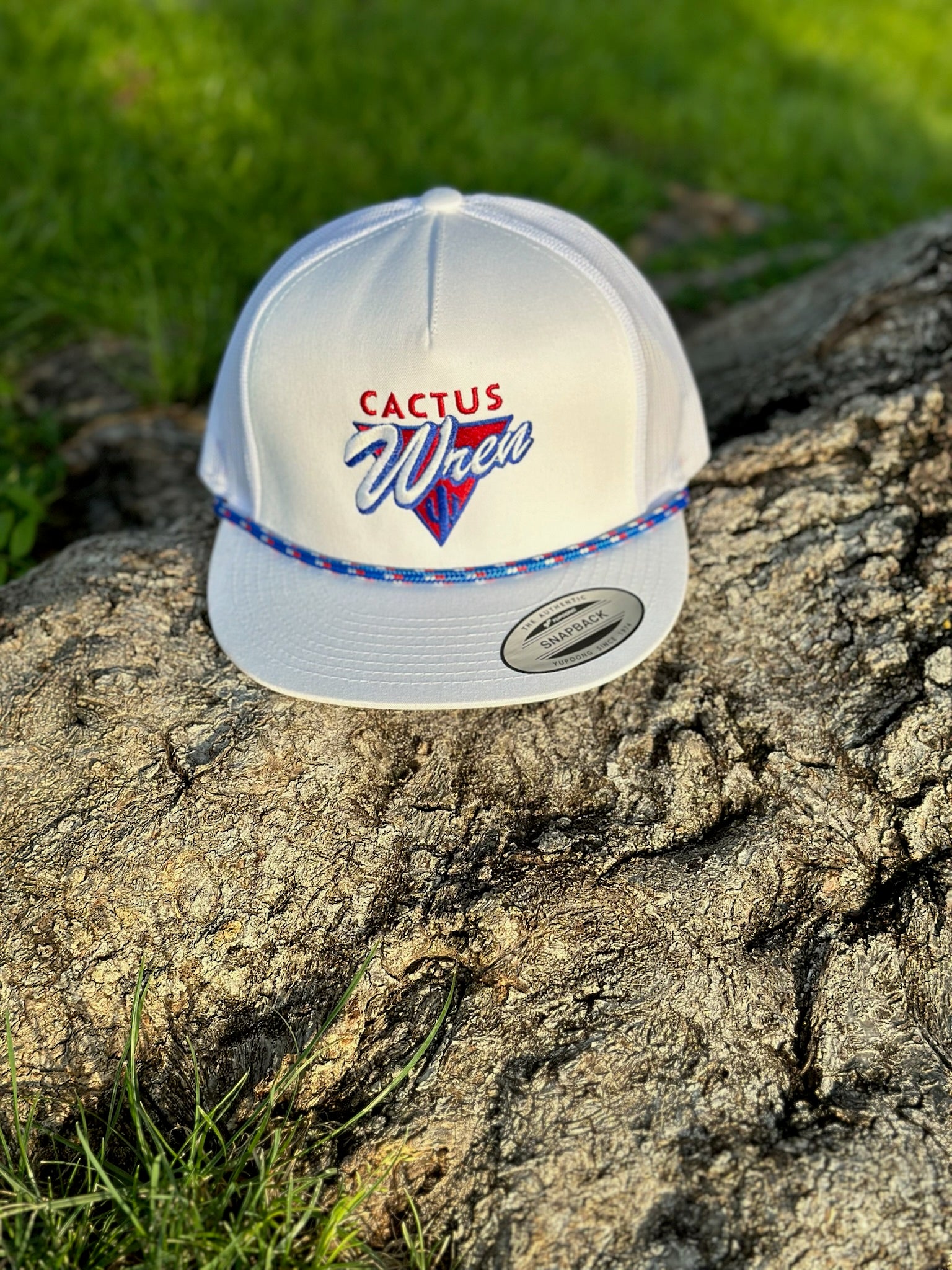 Patriotic Desert Triangle white hat in red/white/blue with rope
