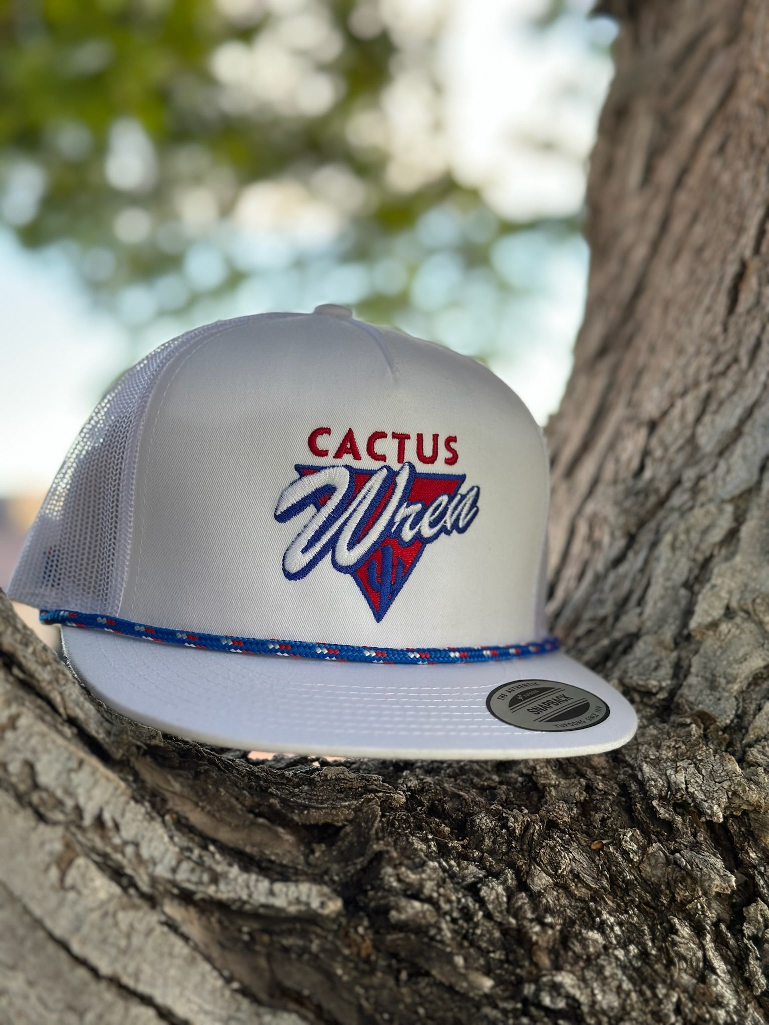 Patriotic Desert Triangle white hat in red/white/blue with rope